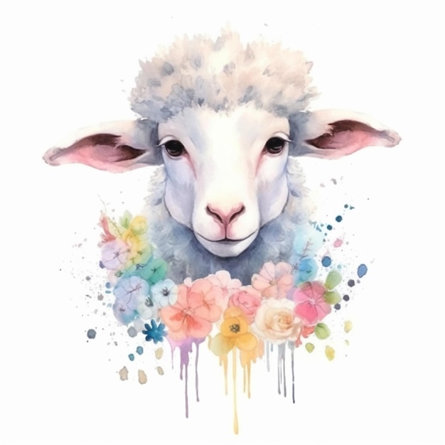 there is a sheep with flowers on its head and a white background generative ai