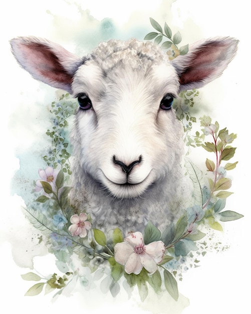 There is a sheep with a wreath of flowers on its head generative ai