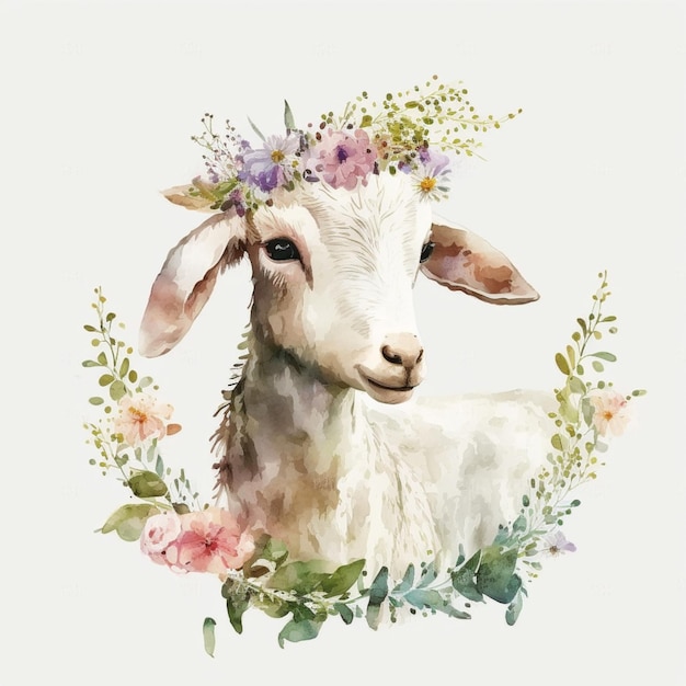 There is a sheep with a wreath of flowers on its head generative ai