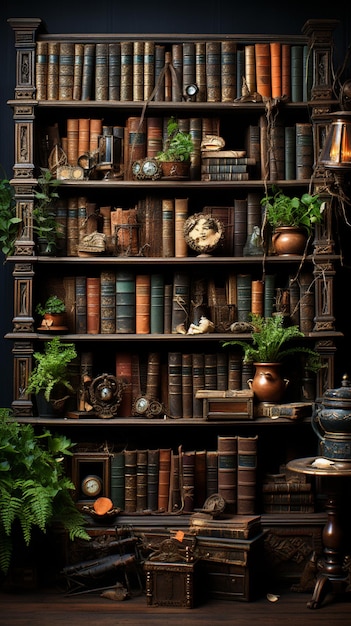 There is a shelf with many books and plants on it generative ai