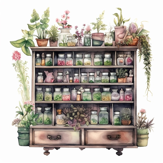 There is a shelf with many different types of plants and jars generative ai