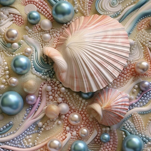 Photo there is a shell and pearls on a table with a blue and white background generative ai