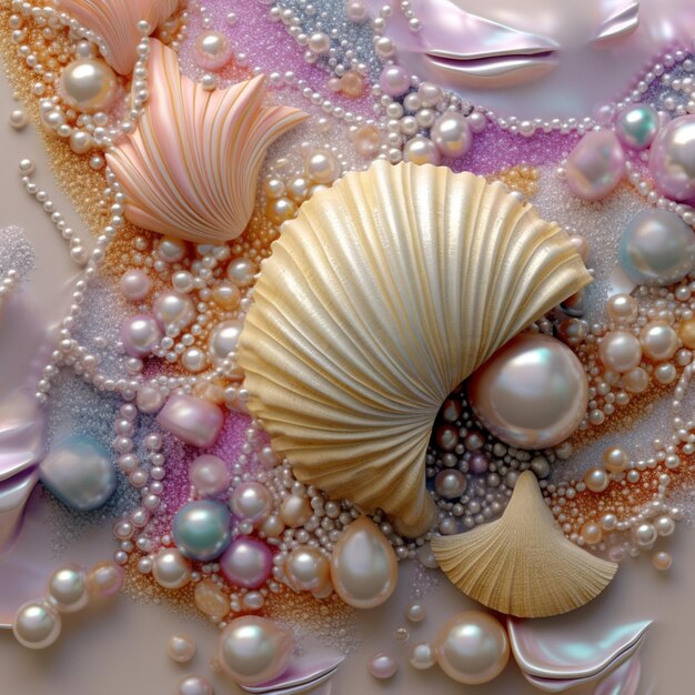 Photo there is a shell and pearls on a table with a pink background generative ai