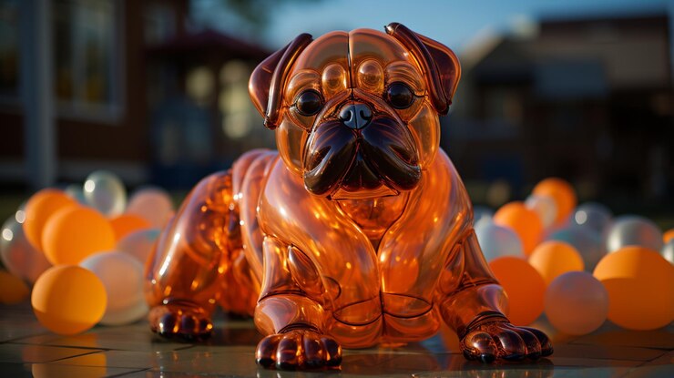 Photo there is a shiny orange dog statue with many balloons in the background generative ai