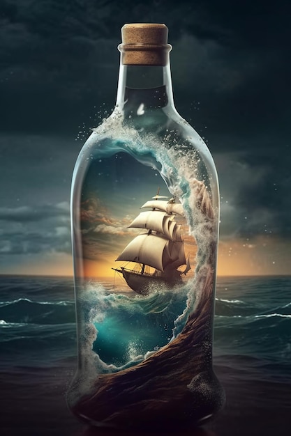 There is a ship in a bottle with a wave coming out of it generative ai