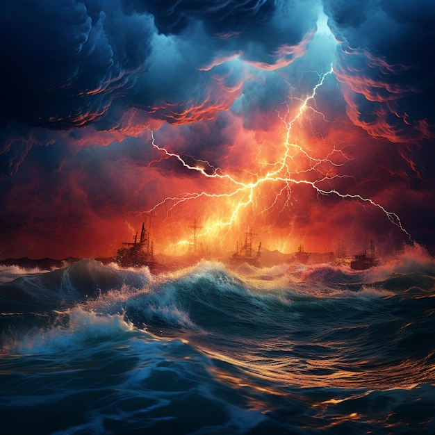 Photo there is a ship in the ocean with a lightning in the sky generative ai