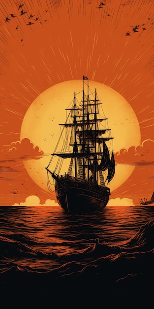 There is a ship sailing in the ocean at sunset generative ai