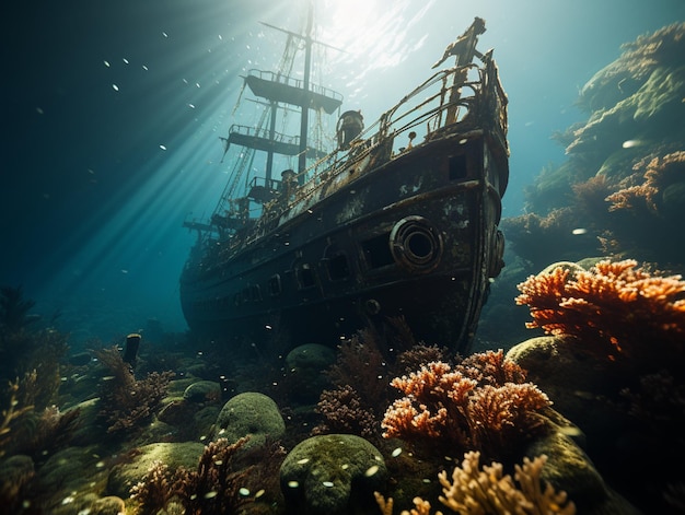 Foto c'è una nave che galleggia nell'acqua generativa ai