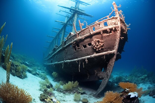 There is a ship that is under water with a lot of coral generative ai