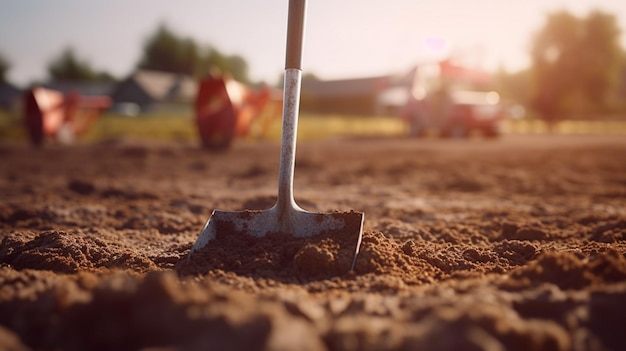 there is a shovel in the dirt with a tractor in the background generative ai