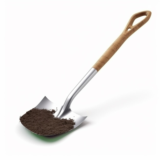 There is a shovel with dirt on it and a wooden handle generative ai