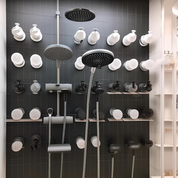 Photo there is a shower with a lot of different shower heads generative ai