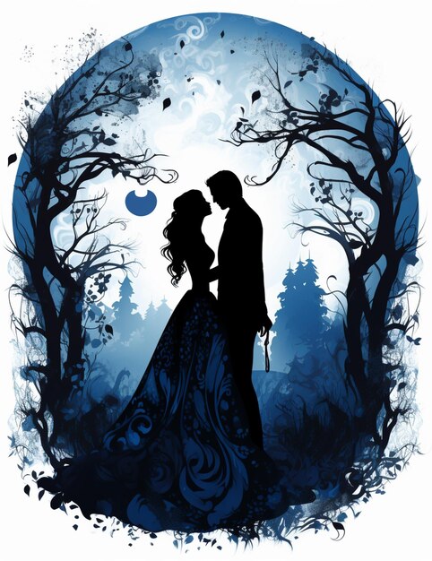 there is a silhouette of a couple in a wedding dress standing in a forest generative ai