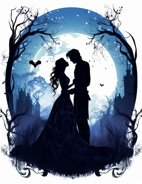 there is a silhouette of a couple in a wedding dress standing in front of a full moon generative ai