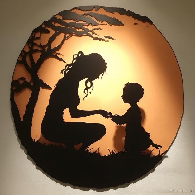 there is a silhouette of a woman kneeling down with a child generative ai