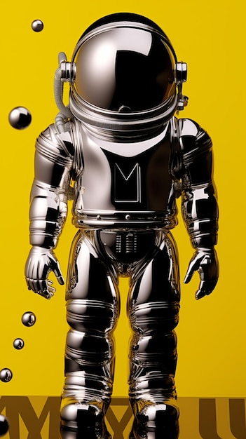 There is a silver astronaut statue standing on a yellow surface generative ai