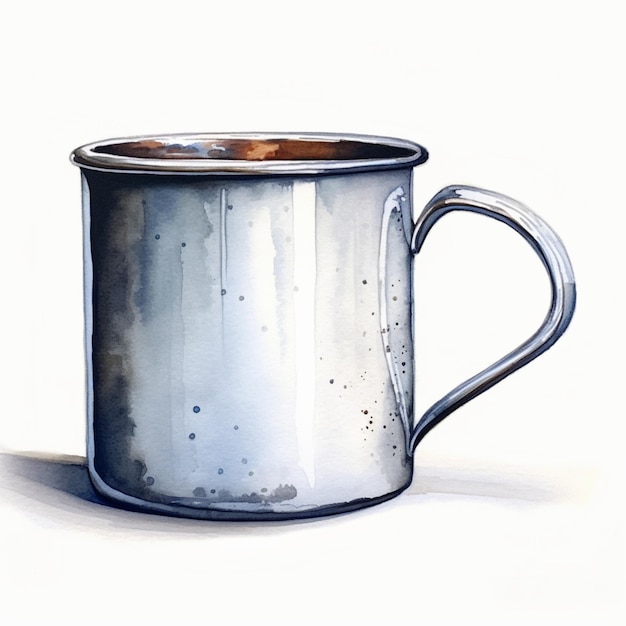 there is a silver cup with a brown handle on a white surface generative ai