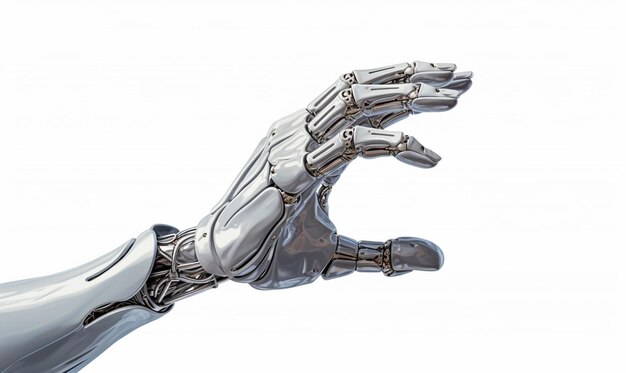 Photo there is a silver robot hand reaching up to touch a white object generative ai