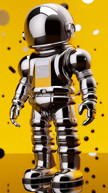 There is a silver robot standing on a yellow surface generative ai