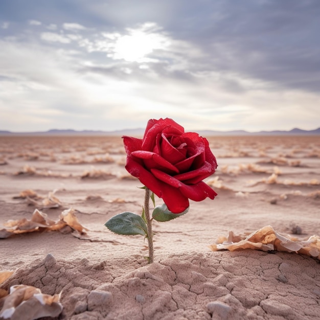 Photo there is a single red rose in the middle of a desert generative ai