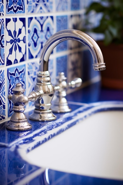 there is a sink with a faucet and a potted plant in the background generative ai