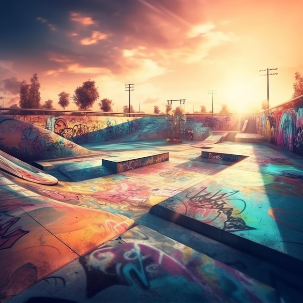 there is a skateboard park with many ramps and graffiti on the walls generative ai