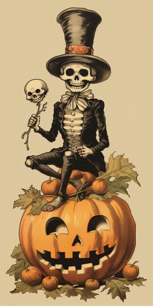 there is a skeleton sitting on top of a pumpkin with a skeleton generative ai