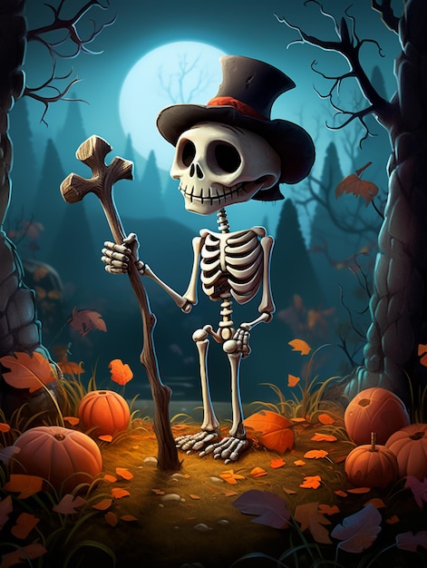 there is a skeleton in a top hat and a cane in a field generative ai