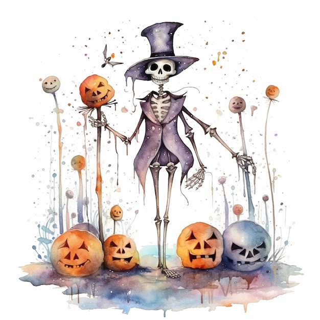 there is a skeleton in a top hat and a top hat with pumpkins generative ai