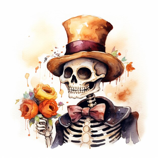 there is a skeleton with a top hat and a bow tie holding a flower generative ai