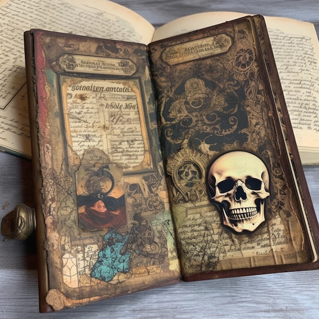 There is a skull and a book on a table generative ai