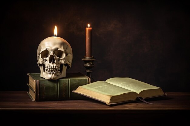 There is a skull and a book on a table with a candle AI Generative