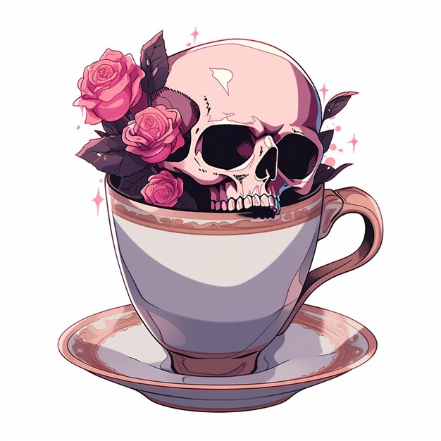 Photo there is a skull in a cup with roses in it generative ai