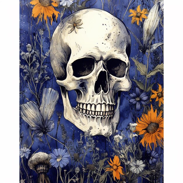 Photo there is a skull and flowers on a blue background generative ai