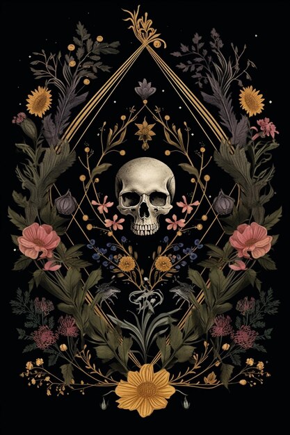 there is a skull and flowers in a frame on a black background generative ai