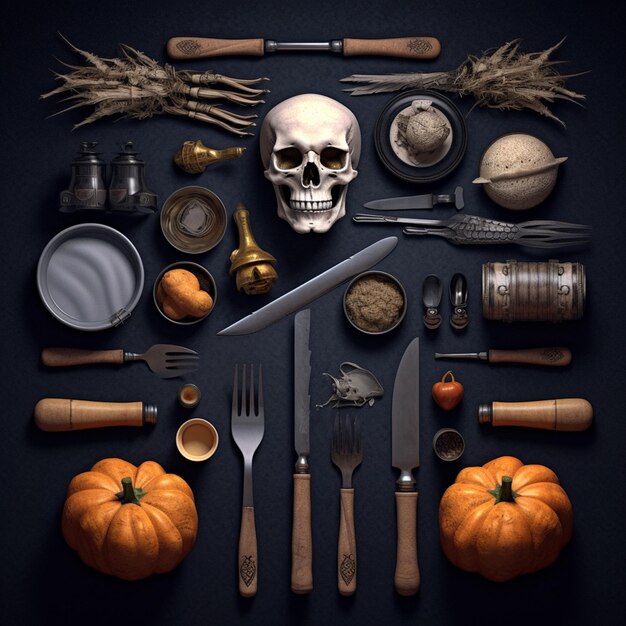 Photo there is a skull and various kitchen utensils arranged in a circle generative ai