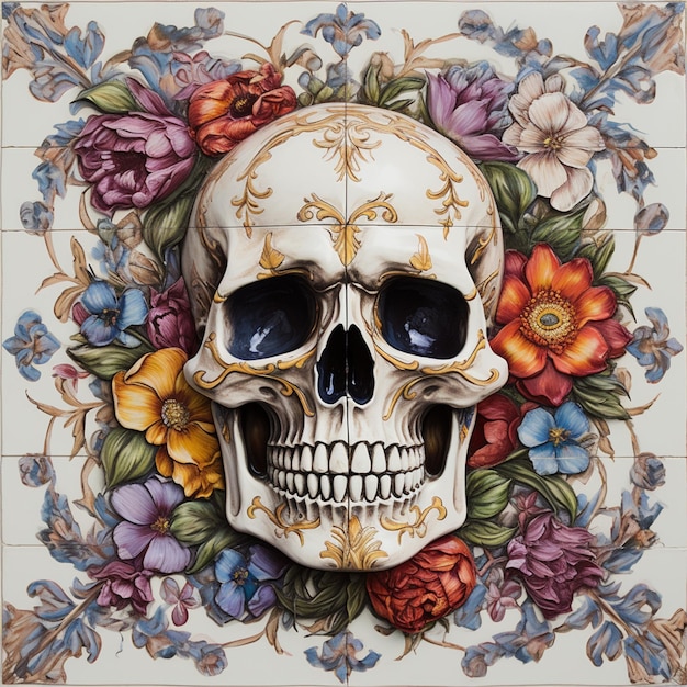 there is a skull with a floral design on the wall generative ai