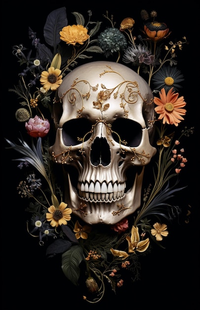 there is a skull with a floral wreath around it generative ai