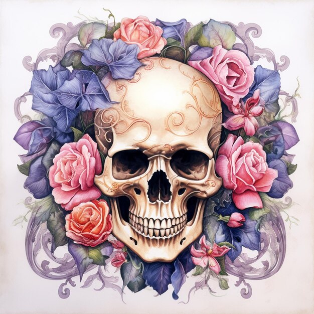 there is a skull with a flower crown on it generative ai