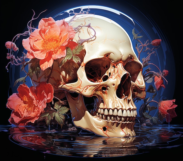 there is a skull with a flower on it sitting in the water generative ai