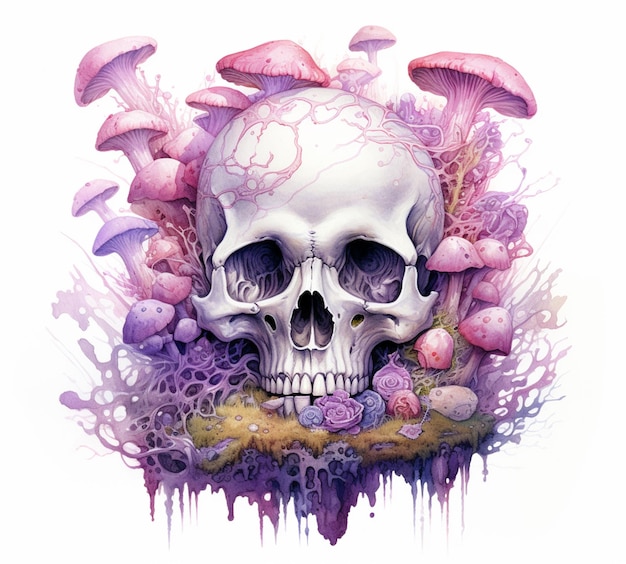 there is a skull with a flower and mushrooms on it generative ai