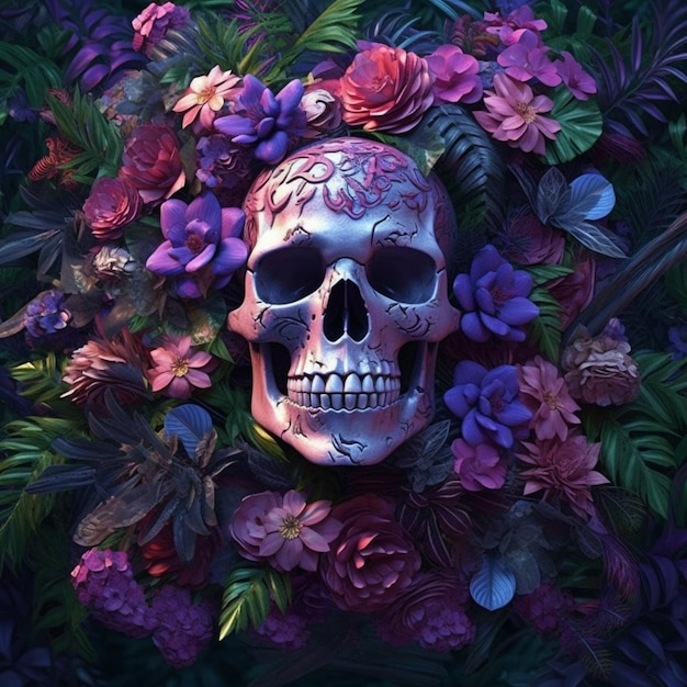 There is a skull with flowers on it surrounded by leaves generative ai