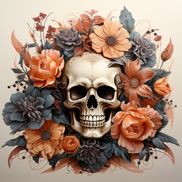 there is a skull with flowers in the middle of it generative ai