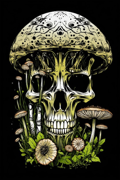 there is a skull with a mushroom on it and some flowers generative ai