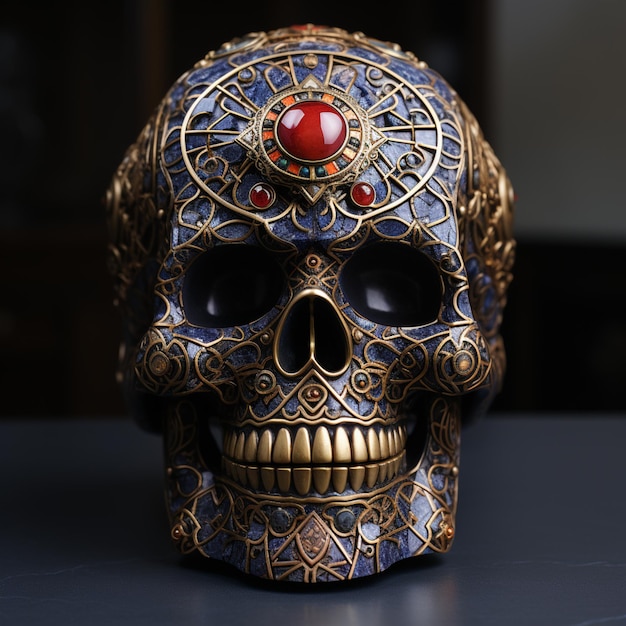 there is a skull with a red eye and a gold decoration generative ai