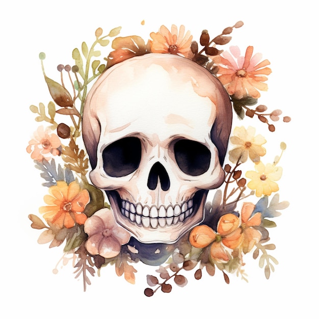 there is a skull with a wreath of flowers on it generative ai
