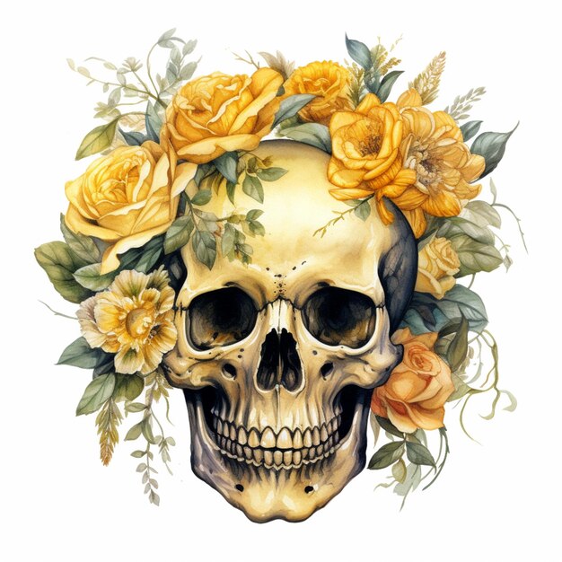 there is a skull with a wreath of flowers on it generative ai