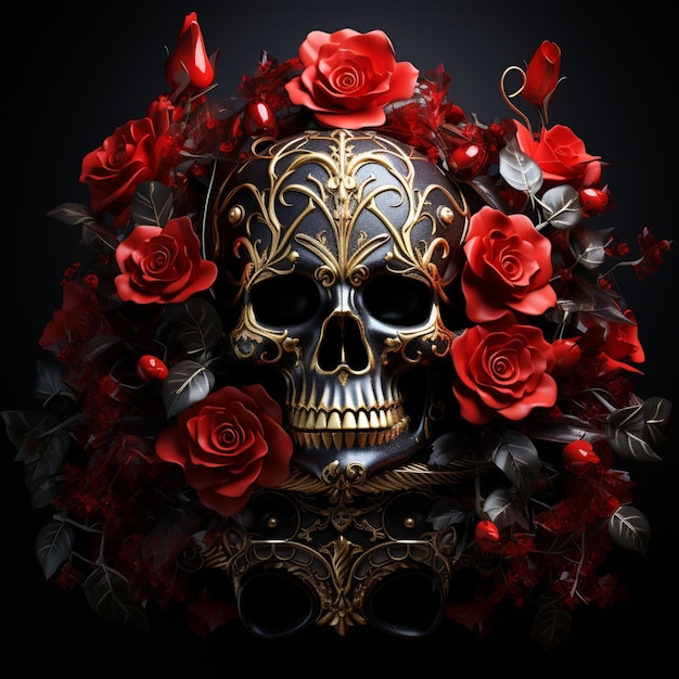 there is a skull with a wreath of red roses on it generative ai