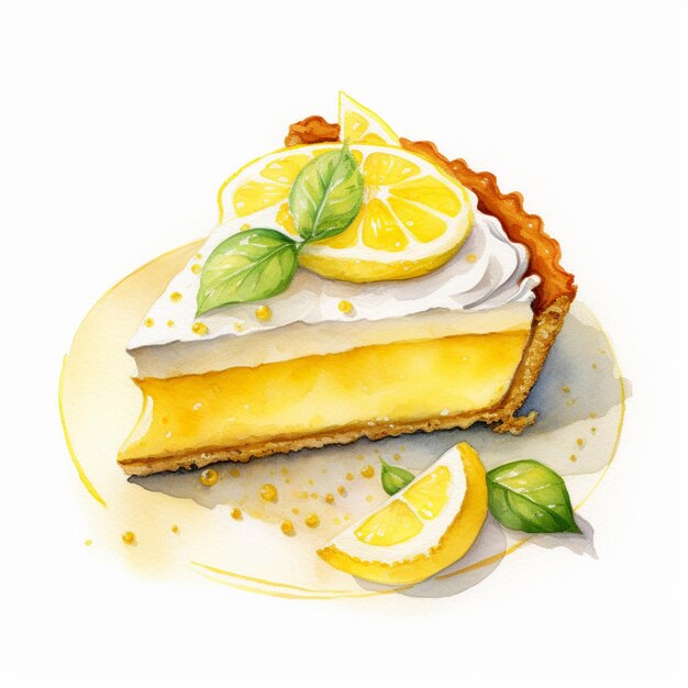 there is a slice of lemon pie on a plate with a slice of lemon generative ai