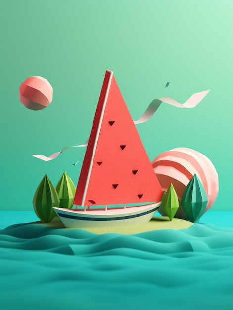 There is a slice of watermelon on a boat in the water generative ai